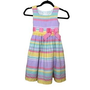 Bonnie Jean Girls Size 7 "PINK RAINBOW" Seersucker Pull-Through Bow Dress